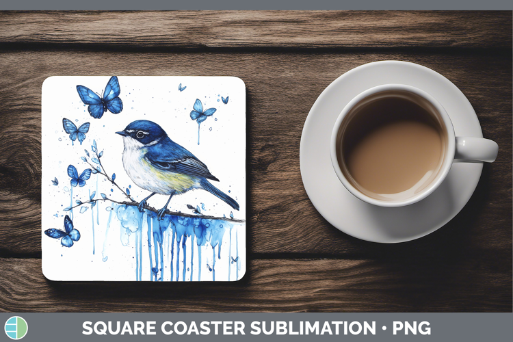 Warbler Square Coaster Birds 01 Blue Drips Sublimation Coast