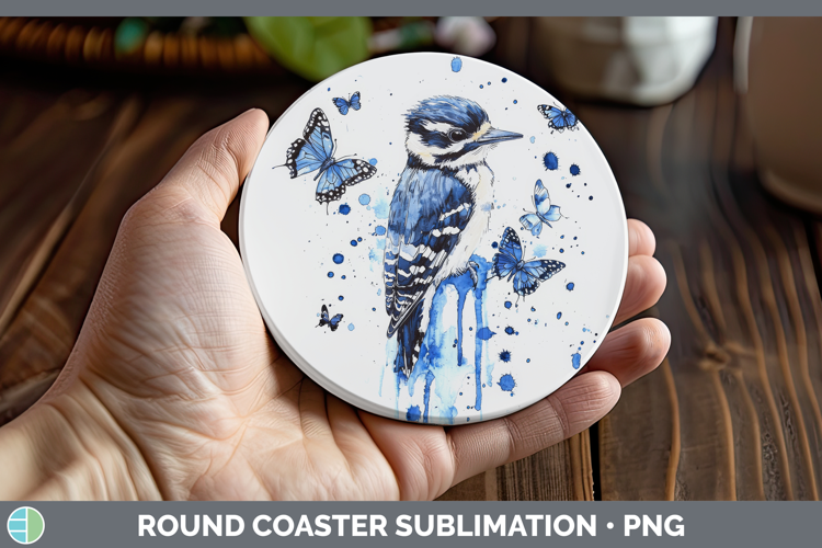 Woodpecker Round Coaster Birds 01 Blue Drips Sublimation Coa