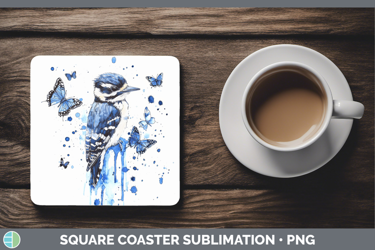 Woodpecker Square Coaster Birds 01 Blue Drips Sublimation Co