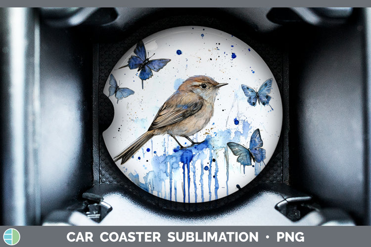 Wren Car Coaster Birds 01 Blue Drips Sublimation Designs