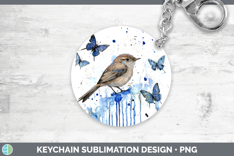 Wren Keychain Birds 01 Blue Drips Sublimation Keyring Design