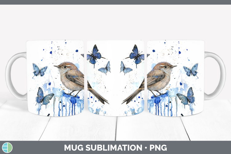 Wren Mug Wrap Birds 01 Blue Drips Sublimation Coffee Cup Des
