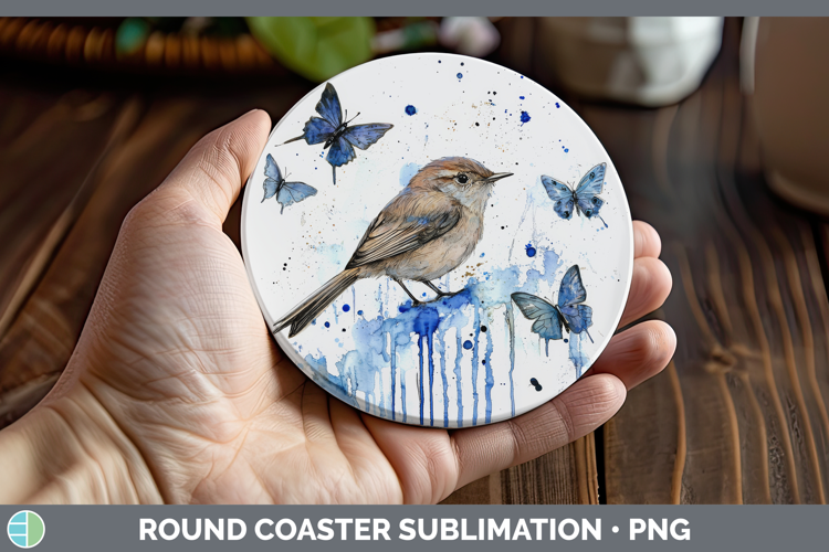 Wren Round Coaster Birds 01 Blue Drips Sublimation Coaster D