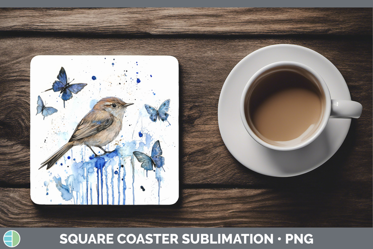 Wren Square Coaster Birds 01 Blue Drips Sublimation Coaster