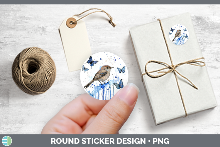 Birds 01 Blue Drips Wren Stickers | Round Labels Designs