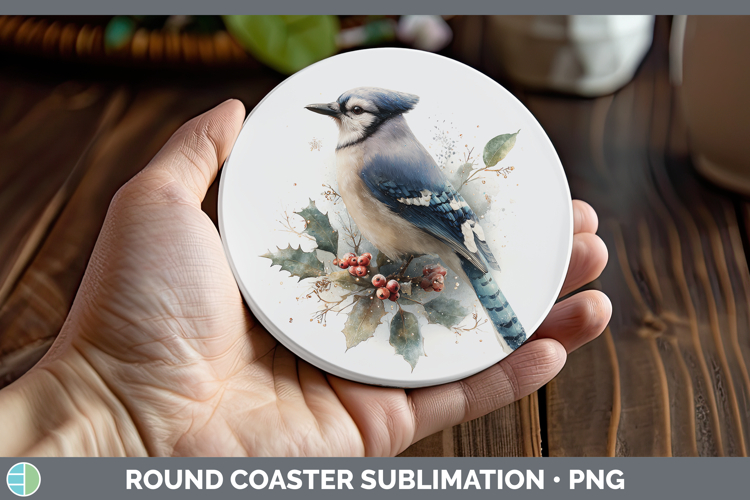 Blue Jay Birds 01 Christmas Botanicals Round Coaster Sublima