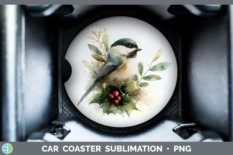 Chickadee Birds 01 Christmas Botanicals Car Coaster Sublimat