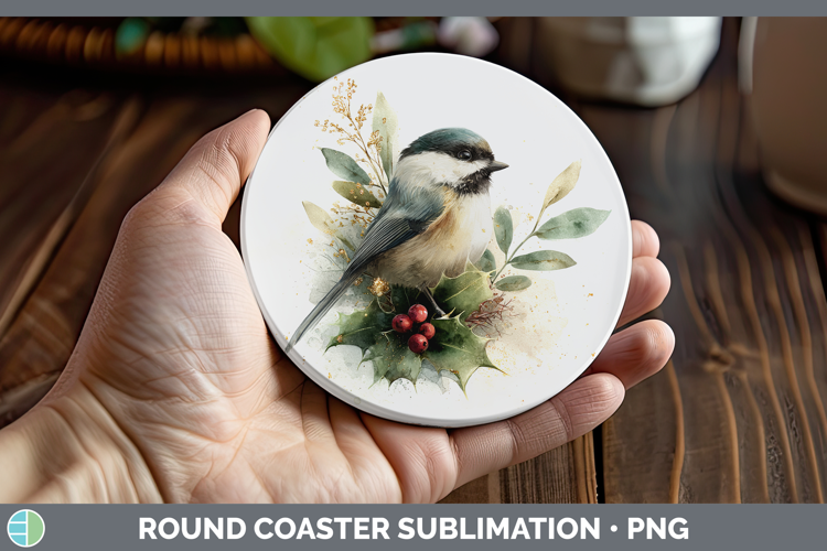 Chickadee Birds 01 Christmas Botanicals Round Coaster Sublim