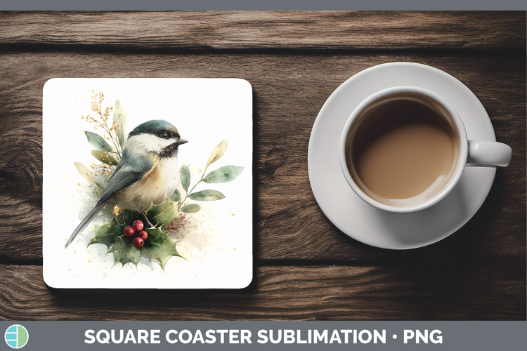 Chickadee Birds 01 Christmas Botanicals Square Coaster Subli