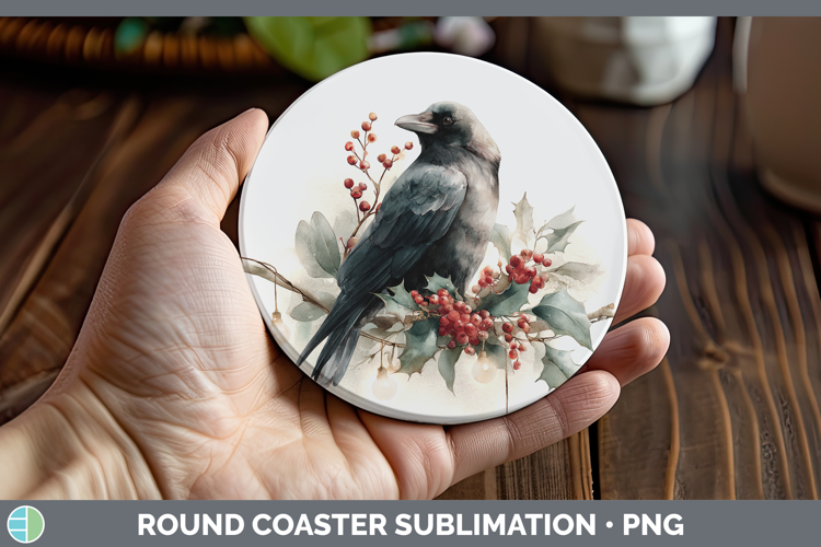 Crow Birds 01 Christmas Botanicals Round Coaster Sublimation