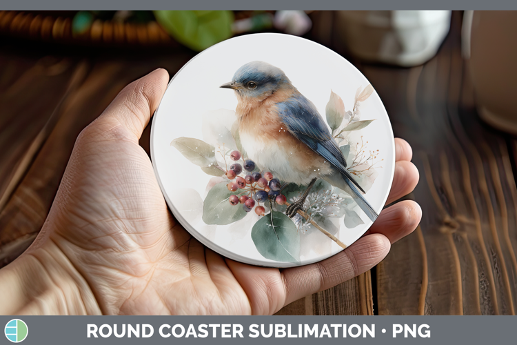Eastern Bluebird Birds 01 Christmas Botanicals Round Coaster