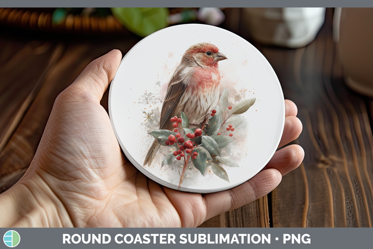 Finch Birds 01 Christmas Botanicals Round Coaster Sublimatio
