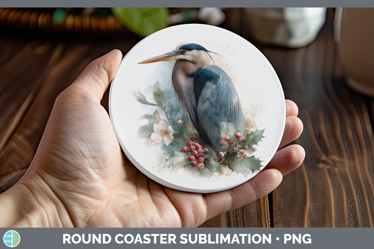 Great Blue Heron Birds 01 Christmas Botanicals Round Coaster