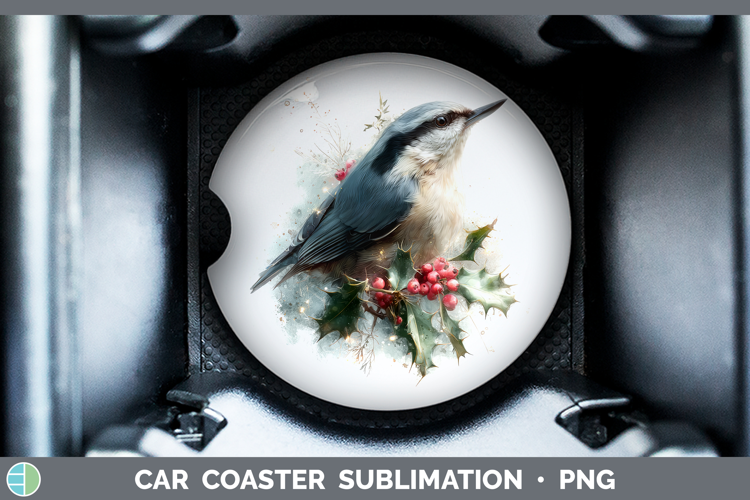 Nuthatch Birds 01 Christmas Botanicals Car Coaster Sublimati