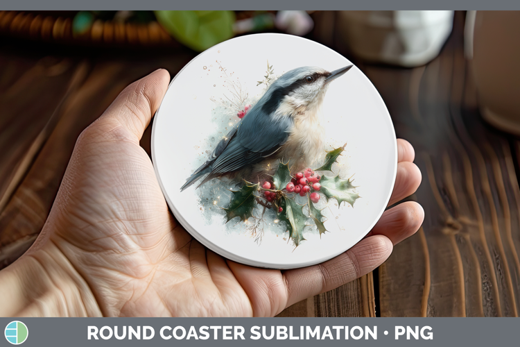 Nuthatch Birds 01 Christmas Botanicals Round Coaster Sublima