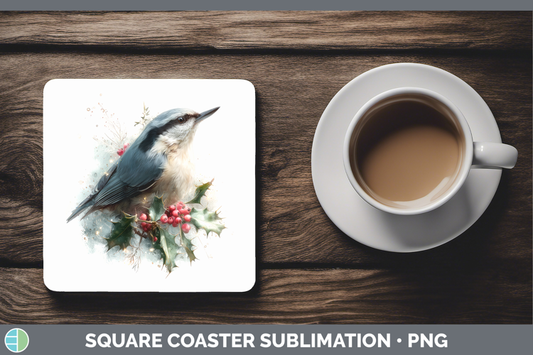 Nuthatch Birds 01 Christmas Botanicals Square Coaster Sublim