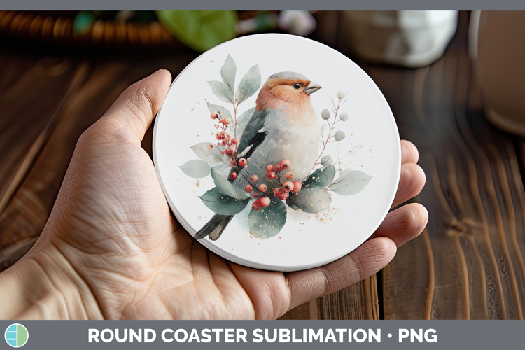 Pine Grosbeak Birds 01 Christmas Botanicals Round Coaster Su