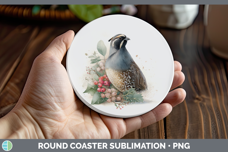 Quail Birds 01 Christmas Botanicals Round Coaster Sublimatio