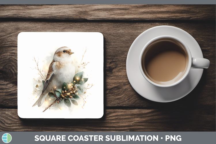 Snow Bunting Birds 01 Christmas Botanicals Square Coaster Su