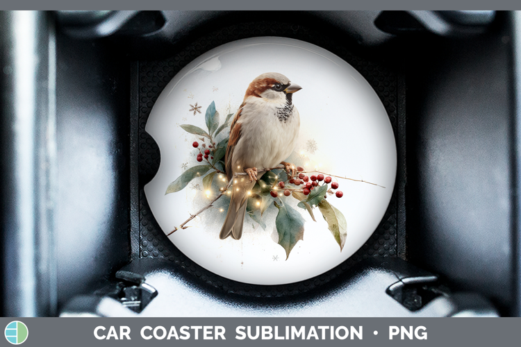Sparrow Birds 01 Christmas Botanicals Car Coaster Sublimatio