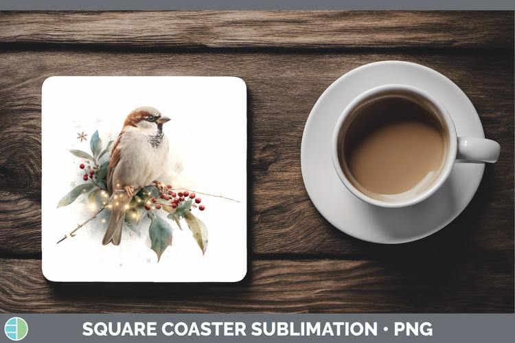 Sparrow Birds 01 Christmas Botanicals Square Coaster Sublima