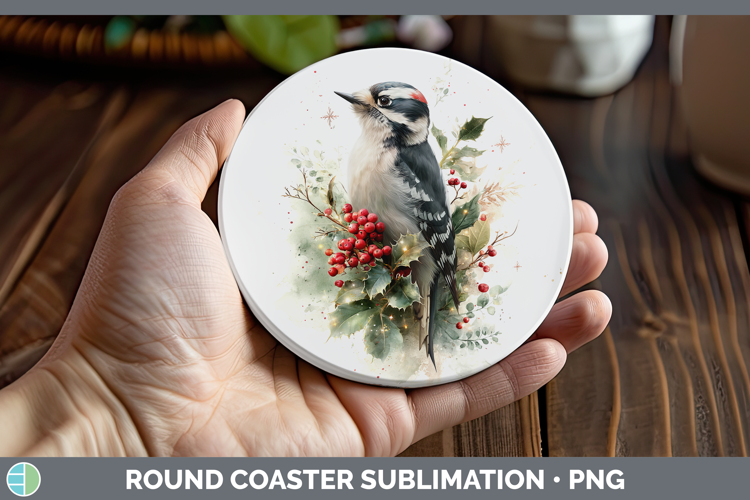 Woodpecker Birds 01 Christmas Botanicals Round Coaster Subli