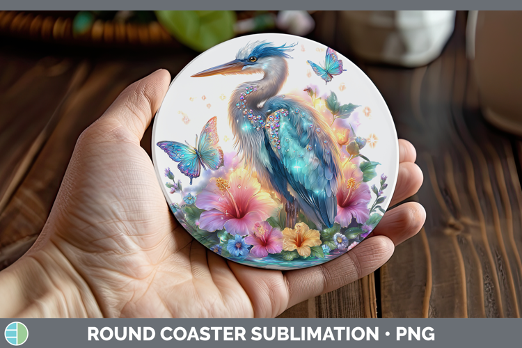 Birds 01 Floral Summer Great Blue Heron Round Coaster Sublim
