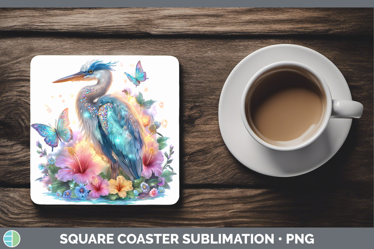 Birds 01 Floral Summer Great Blue Heron Square Coaster Subli