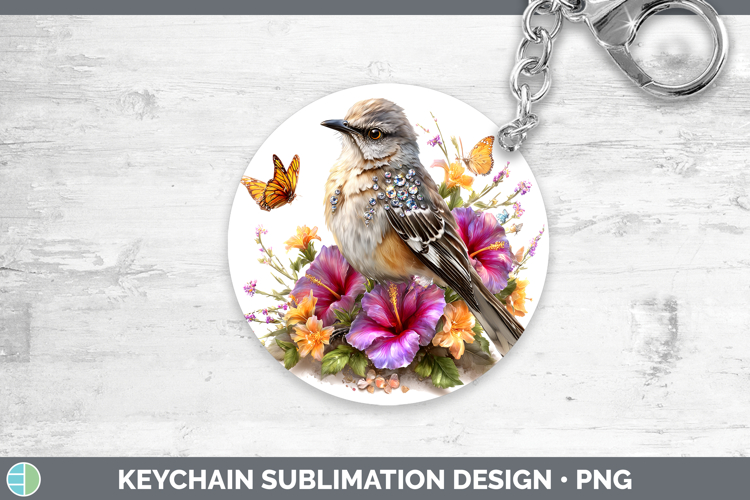 Birds 01 Floral Summer Mockingbird Keychain Sublimation Keyr