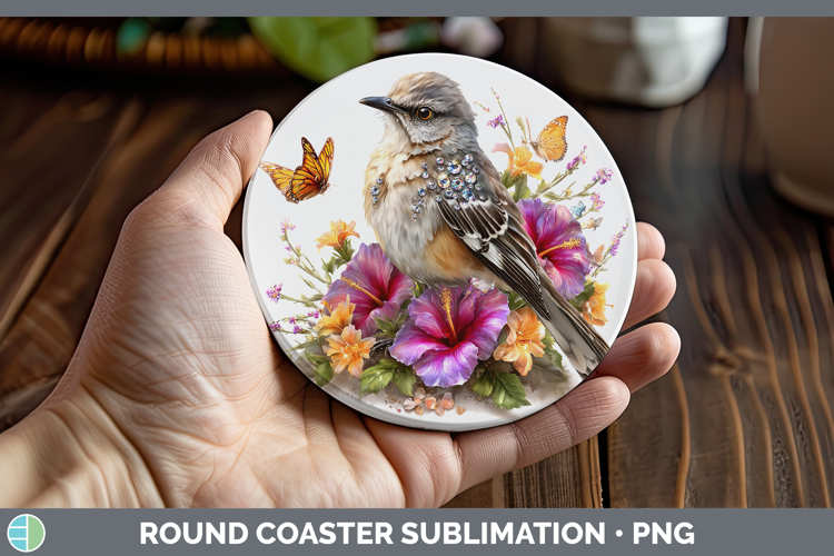 Birds 01 Floral Summer Mockingbird Round Coaster Sublimation