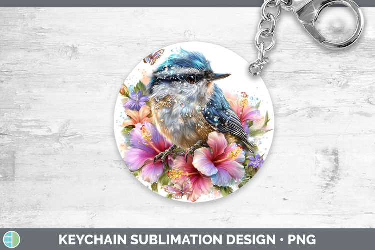 Birds 01 Floral Summer Nuthatch Keychain Sublimation Keyring