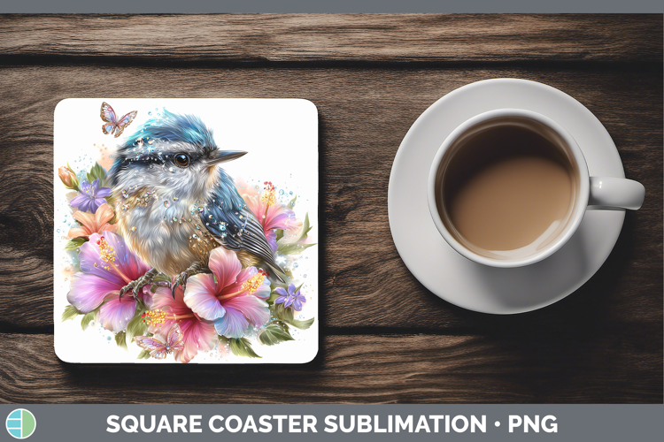 Birds 01 Floral Summer Nuthatch Square Coaster Sublimation C