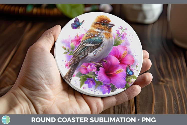 Birds 01 Floral Summer Pine Grosbeak Round Coaster Sublimati