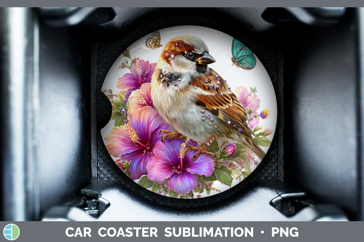 Birds 01 Floral Summer Sparrow Car Coaster Sublimation Desi