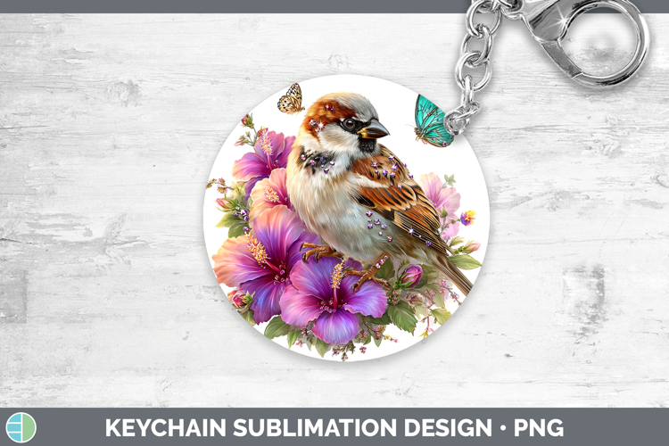 Birds 01 Floral Summer Sparrow Keychain Sublimation Keyring