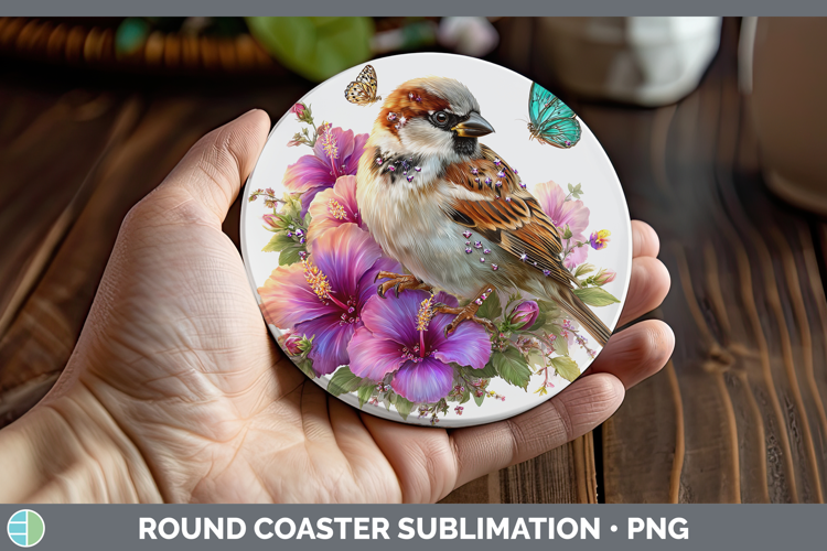 Birds 01 Floral Summer Sparrow Round Coaster Sublimation Coa