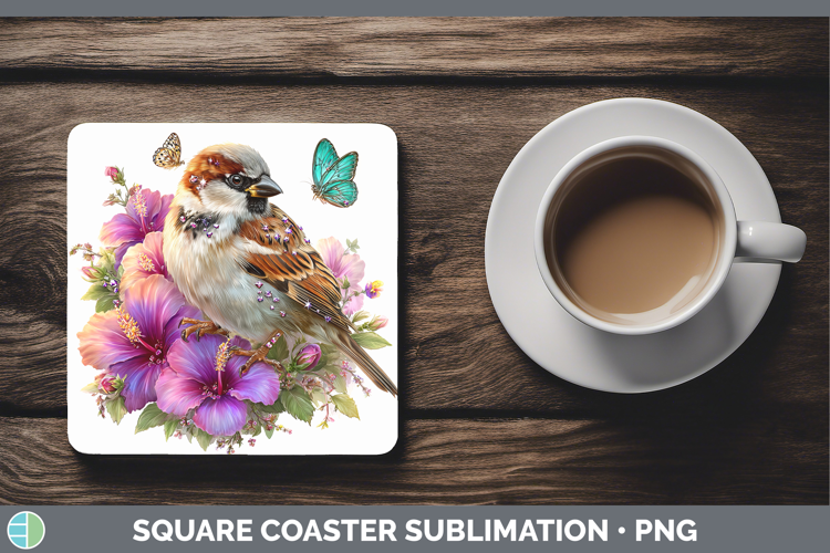 Birds 01 Floral Summer Sparrow Square Coaster Sublimation Co