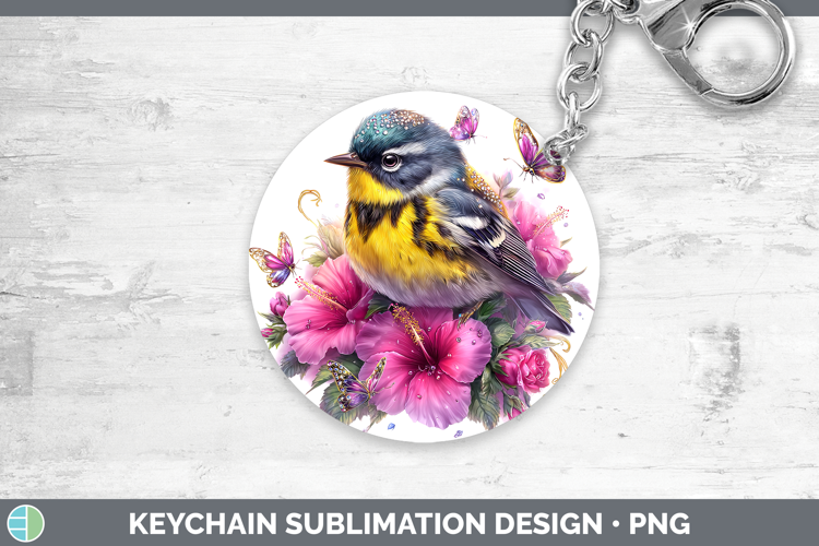 Birds 01 Floral Summer Warbler Keychain Sublimation Keyring