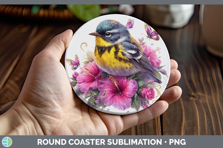 Birds 01 Floral Summer Warbler Round Coaster Sublimation Coa