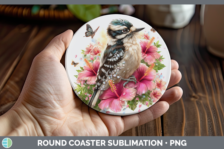 Birds 01 Floral Summer Woodpecker Downy Round Coaster Sublim