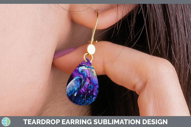 Birds 01 Galaxy Great Blue Heron Teardrop Earrings Sublimati