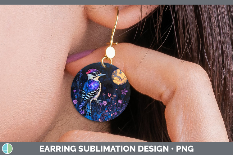 Birds 01 Galaxy Woodpecker Round Earrings Sublimation Earrin