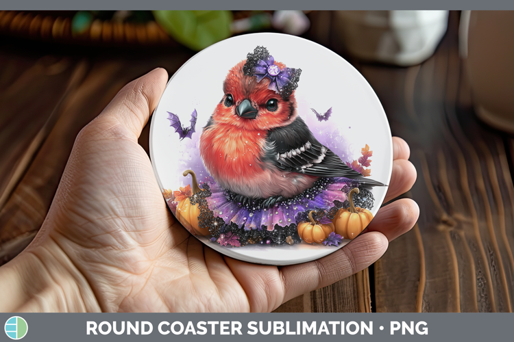 Birds 01 Halloween Pine Grosbeak Round Coaster Sublimation C