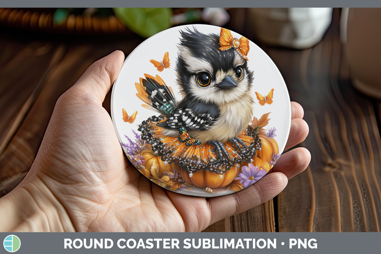 Birds 01 Halloween Woodpecker Downy Round Coaster Sublimatio