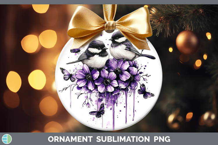 Birds 01 Purple Drips Chickadee Ornament Sublimation Bauble