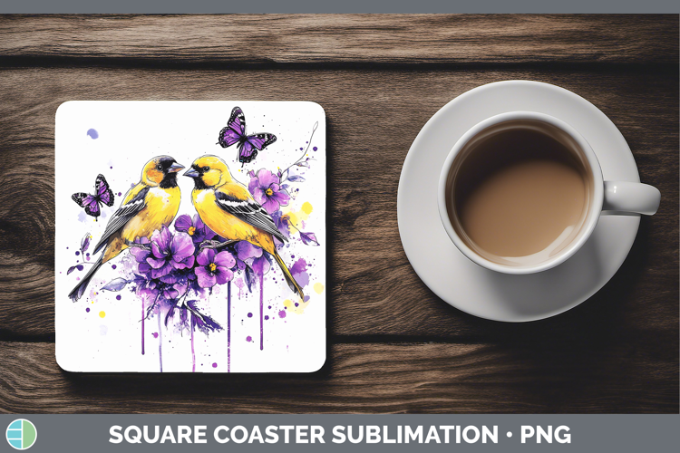 Birds 01 Purple Drips Goldfinch Square Coaster Sublimation C