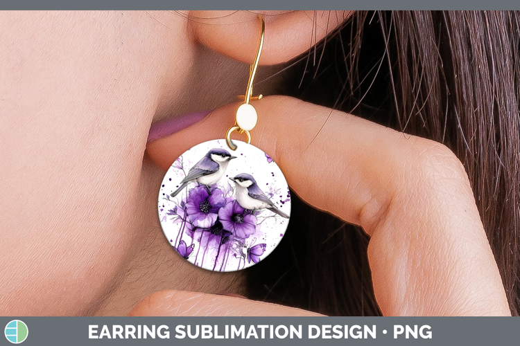 Birds 01 Purple Drips Nuthatch Round Earrings Sublimation Ea