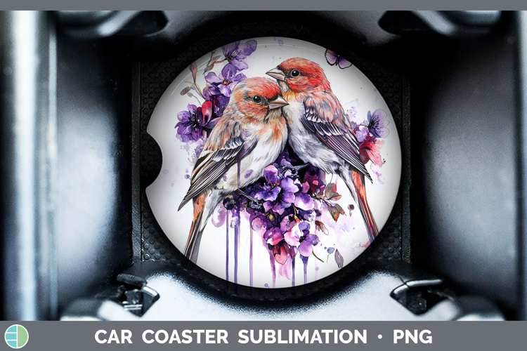 Birds 01 Purple Drips Pine Grosbeak Car Coaster Sublimation