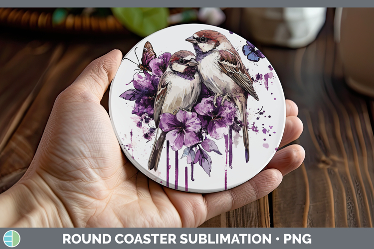 Birds 01 Purple Drips Sparrow Round Coaster Sublimation Coas