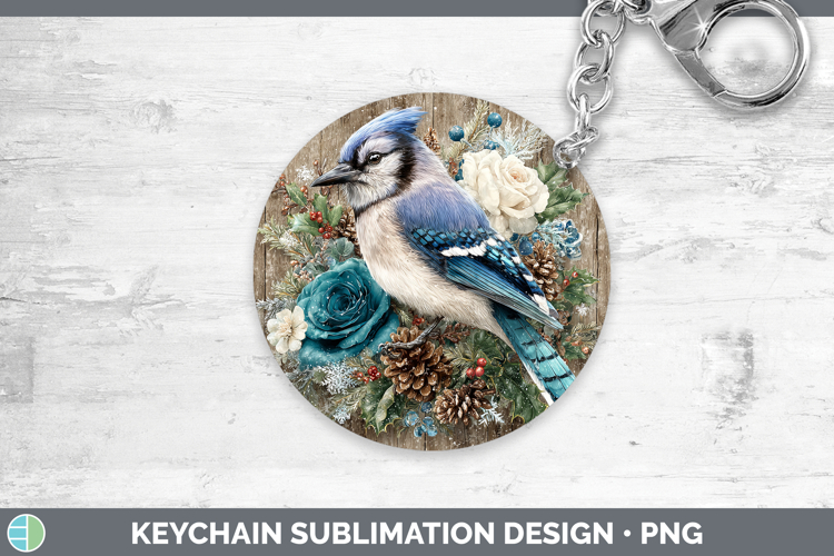 Blue Jay Birds 01 Rustic Christmas Keychain Sublimation Desi
